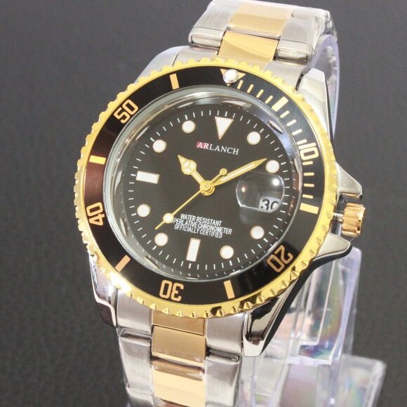 Men's Diver Style Watch Black Bezel Silver Gold Tone 40mm - Picture 7 of 14